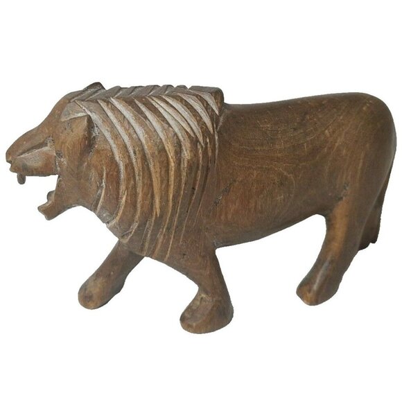 Vintage Brown Hand Carved Wood Roaring Lion Figurine Statue Collectible Animal - Picture 1 of 9